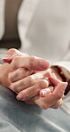 Nervous, hands and person with anxiety in waiting room, mental health and therapy session in clinic. Psychology, medical appointment and patient with depression, trauma and healthcare assessment