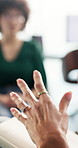 Woman, hands and talk in office with therapist consultation, help or patient evaluation for wellness. Psychology, discussion and person with mental health advice, counseling tips or emotional support