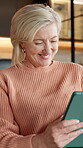 Laughing, relax and tablet with old woman on sofa in home living room for social media browsing. App, search and thinking with funny senior person in apartment for break, retirement or wellness