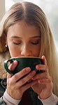 Coffee, drinking and woman in cafe with relax, calm or peaceful morning on holiday or break. Scent, smell and female person with warm beverage or cappuccino aroma in restaurant or diner on vacation.