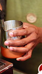 Steam milk and hands of person in coffee shop, restaurant and prepare for customer order in cafe. Barista, hospitality and worker with caffeine machine for espresso, cappuccino and latte process