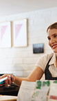 Payment, serving and woman with card machine in coffee shop with cup, drink and caffeine beverage. Restaurant, counter and waitress with latte, espresso and purchase for service, help and order