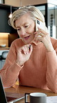 Documents, finance and phone call with senior woman at desk in home for budget or retirement planning. Accounting, computer and financial papers with old person in apartment for feedback or review