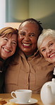 Friends, tea and face with old women in home for reunion, bonding or morning brunch. Get together, beverage and connection with senior people in dining room of house for gossip, break and retirement