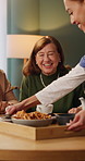 Tea, friends and relax with old woman in home for bonding, retirement and happiness together. Assisted living, reunion and chat with senior people in dining room of house for morning brunch and drink
