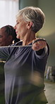 Senior, group and women with resistance band for health, wellness and exercise for mobility together. Retirement, gym and people with equipment for stretching, strength training and muscle workout