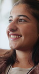 Breathing, music and smile with woman in home living room for break, mindfulness or peace. Audio streaming, earphones and thinking with happy person in apartment for reflection, memories or nostalgia