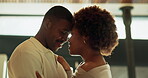 Dance, moment and love with black couple in kitchen of home together for bonding or security. Affection, conversation and flare touch with happy people in apartment for connection, morning or trust