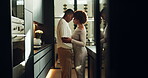 Affection, dance and love with black couple in kitchen of home together for bonding or security. Moment, peace and wellness with happy people in apartment for connection, morning or partnership