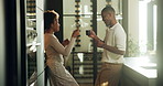 Cheers, coffee and morning with black couple in kitchen of home for bonding or connection. Conversation, drink and smile with happy people in apartment for break, communication or relationship goals