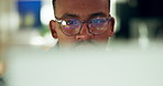Reading, computer and black man with glasses for online report, seo review and research for website. Night, office and person with tech for planning, project deadline or proposal for digital campaign