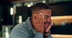 Headache, tired and black man in house with massage, frustrated and scalp tension with discomfort. Pain, fatigue and male person in home with migraine, exhausted and sore head with dizziness.