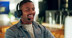 Remote work, headset and black man with computer for telemarketing, talking or policy premium. Smile, freelancer and sales agent with insurance offer, lead generation or coverage discount at home