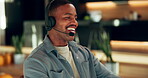 Call center, smile or black man in house with headset, crm service or investment advice in remote work. WFH, talking or finance consultant with mic, online banking or contact us with loan support.

