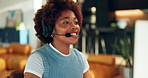 Freelancer, headset and black woman with computer for telemarketing, talking or policy premium. Smile, remote work and sales agent with insurance info, lead generation or explain coverage at home