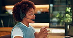 Remote work, headset and black woman in home with laptop, lead generation or policy premium. Smile, freelancer and telemarketing agent with tech for insurance, talk or explain coverage at apartment