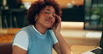Remote work, tired and black woman in home with headache, frustrated and tension with discomfort. Exhausted, wfh and person in living room with tech, migraine pain and sore head with dizziness.