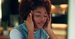 Remote work, tired and black woman in house with headache, frustrated and tension with discomfort. Exhausted, wfh and person in home with tech, migraine pain and sore head with dizziness.