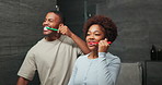 Love, couple and brushing teeth in bathroom for health, dental wellness and oral hygiene. African man, woman and toothbrush at home for fresh breath, cleaning and gum care with morning routine
