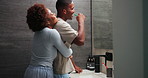 Love, happy couple and brushing teeth with hug, dental wellness or oral hygiene by mirror. African man, woman and toothbrush at home bathroom for fresh breath, embrace or care in morning routine