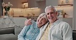 Face, hug and old couple with love in home, trust and relationship security with happiness. Smile, man and woman embrace in lounge with portrait for loyalty, marriage commitment or care in retirement