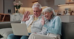 Laptop, wave and old couple in house with video call, bonding together or hello for online communication. Happy, senior married people and relax on couch with computer, virtual contact and greeting.