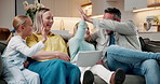 Parents, children and high five in home with tablet, learning game and motivation for development. Happy people, mother and father on sofa with girl kids, tech and celebration for educational gaming.