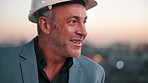 Architect, man and thinking in city with smile, design idea and inspiration for urban development. Sunset, bokeh and mature person outdoor with project management, plan or reflection for architecture