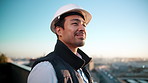Happy, thinking and engineer outdoor for construction, inspection or planning for architecture. Space, man and smile with hardhat for reflection, urban view and quality assurance for building project