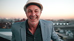 Face, man and engineer outdoor with helmet, inspection and architecture for infrastructure. Portrait, mature person and contractor on rooftop, positive attitude and quality control for construction