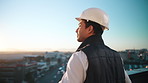 Thinking, man and engineer on balcony for construction, inspection and planning for architecture. Space, person and hardhat outdoor with vision, urban view and quality assurance for building project