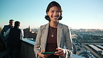 Face, smile and tablet with business woman on rooftop in city for real estate or urban development. App, infrastructure and project management with happy broker outdoor for commercial property