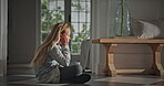 Sad, kid and thinking on floor in home for emotional neglect, abandoned or self isolation. Mental health, overthinking or child with depression in house for loneliness, trauma anxiety or overwhelmed