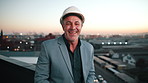 Face, man and engineer on balcony with smile, inspection and architecture for infrastructure. Portrait, mature person and contractor on rooftop, positive attitude and quality control for construction
