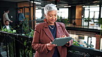 Tablet, scroll or business woman in company, compliance audit report or reading email. Tech, consultant or mature person in office for corporate policy, regulation review and risk assessment feedback