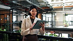 Tablet, happy and businesswoman in office with research for sustainable case on eco friendly legislation. Technology, smile and environmental attorney with email for feedback on conservation law