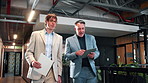 Team, walk and businessmen with tablet, discussion and insurance advice with mentor in office. Collaboration, technology or employees with document, financial coverage or help with policy update