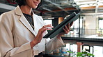 Tablet, hands and businesswoman in office with research for sustainable case on eco friendly legislation. Technology, typing and environmental attorney with email for feedback on conservation law.