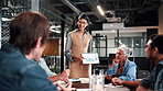 Office, presentation and woman with tablet screen, data analysis or investment management on website. Business people, talk and financial forecasting with research, graphs and collaboration with info