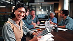 Pride, face or woman in boardroom with tablet, wealth advisor or about us as asset manager. Laugh, meeting or finance consultant in office with tech, budget analyst or confidence in risk management.