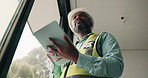 Ideas, black man and construction worker with tablet on site for feedback on renovation approval. Digital technology, planning and civil engineer with email for review on building or repairs.