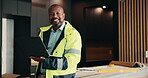 Face, laptop and renovation with black man in kitchen for home improvement or upgrade project. Computer, real estate and smile of mature construction worker in modern apartment for property update