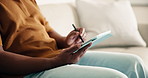 Man, hands and writing in home with tablet, remote work and graphic designer for creative campaign. Person, stylus and tech in house with freelance job, online project and planning for logo design.