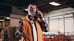 Carpentry, workshop or mature man with phone call for project timeline, material change or update. Mobile chat, carpenter and contact supplier for lumber availability, stock order or furniture quote