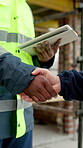Architect, shaking hands and team with tablet on construction site or property management on website. Civil engineer, agreement and people with tech for building update, handshake and collaboration