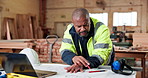 Architect, thinking or black man with blueprint for construction development or architecture design. Male person, contractor or civil engineer with laptop or documents for building plan in workshop