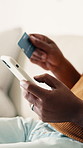 Man, hands and phone in house with credit card, typing security pin and payment for online shopping. Person, browsing and fintech in home with ecommerce website, digital banking password or purchase.