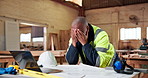 Architect, headache or black man with laptop in workshop for building mistake or construction fail. Male person, contractor or civil engineer with migraine on computer for architecture deadline