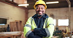 Construction, face and mature man with crossed arms, confidence and ppe for engineering career. Happy, portrait and African person in safety gear for production, manufacturing and builder in factory