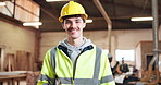 Construction, face and man with clipboard for inventory, stock management and material for engineering. Happy, portrait and person walking with safety gear, checklist and documents for manufacturing